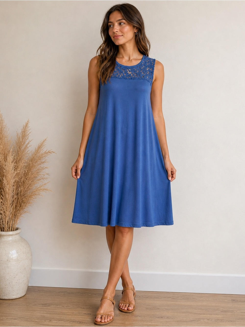 NWT SUN68 Blue Floral Lace Sleeveless A-Line Swing Dress Women’s XL